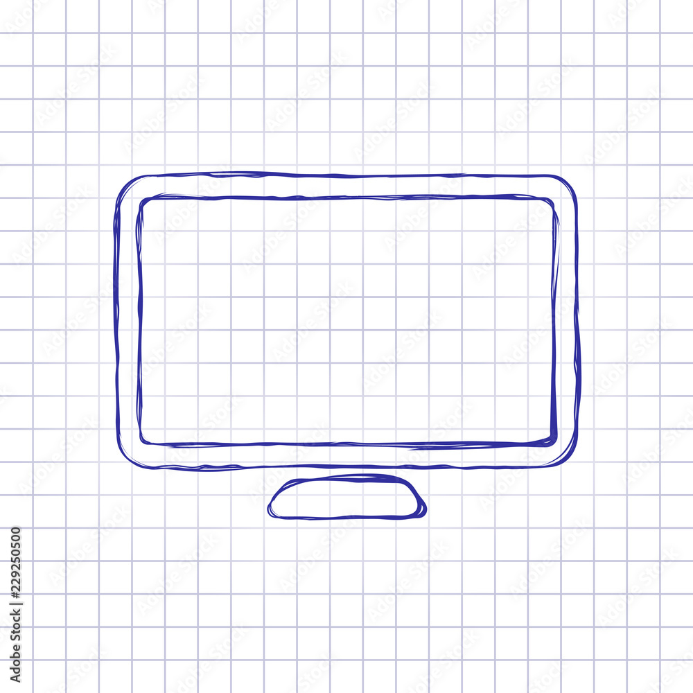 Computer monitor or modern TV. Simple icon. Hand drawn picture on paper sheet. Blue ink, outline sketch style. Doodle on checkered background Computer monitor or modern TV. Simple icon. Hand drawn picture on paper sheet. Blue ink, outline sketch style. Doodle on checkered background