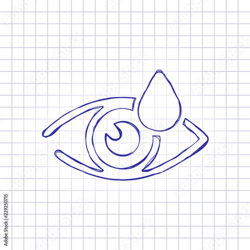 Eye and drop. Simple icon. Hand drawn picture on paper sheet. Blue ink, outline sketch style. Doodle on checkered background