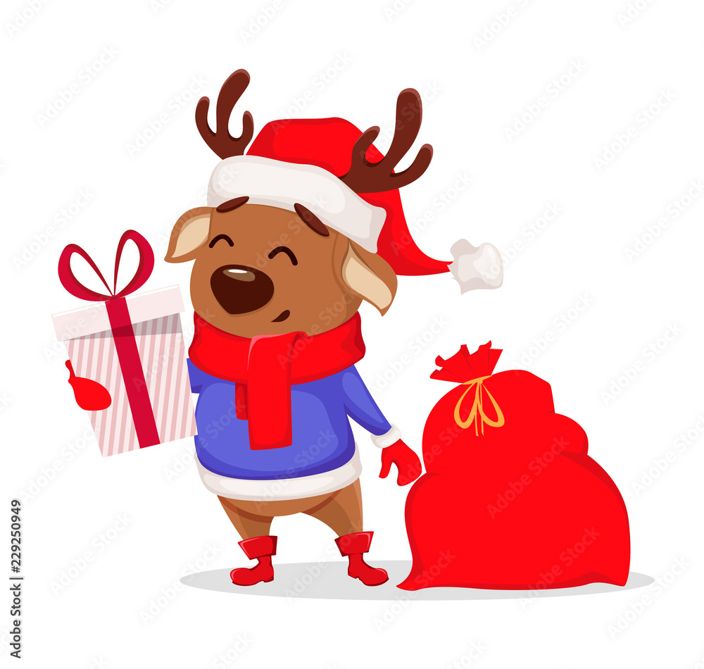 Merry Christmas. Cute deer wearing Santa Claus hat Merry Christmas. Cute deer wearing Santa Claus hat