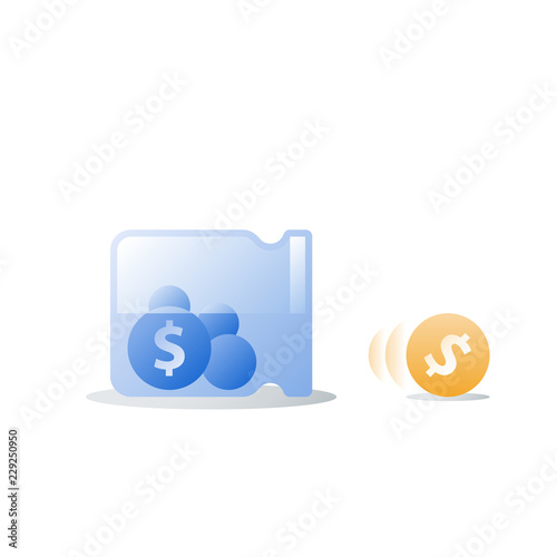 Money loss, empty glass jar and rolling coin, debt increase, lack of finance, investment fund risk, wealth devaluation