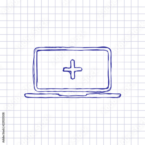 Laptop or notebook computer with medical cross on screen. Simple icon. Hand drawn picture on paper sheet. Blue ink, outline sketch style. Doodle on checkered background