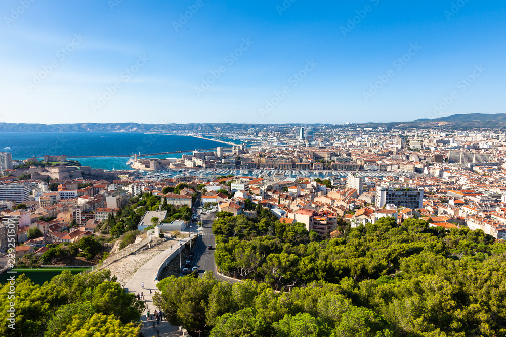 Aerial view of Marseille city from Notre dame de la garde cathedral viewpoint in south of France