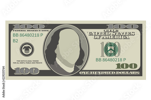 One hundred dollar bill. 100 dollars banknote. Vector illustration isolated on white background