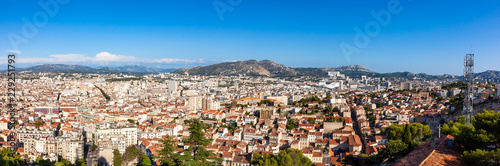 Aerial view of Marseille city from Notre dame de la garde cathedral viewpoint in south of France