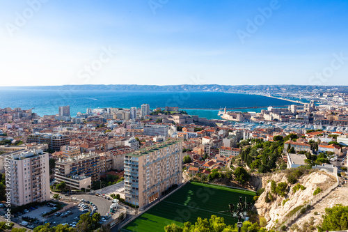 Aerial view of Marseille city from Notre dame de la garde cathedral viewpoint in south of France