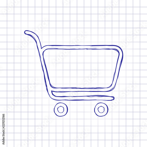Shopping cart icon. Simple linear icon with thin outline. Hand drawn picture on paper sheet. Blue ink, outline sketch style. Doodle on checkered background