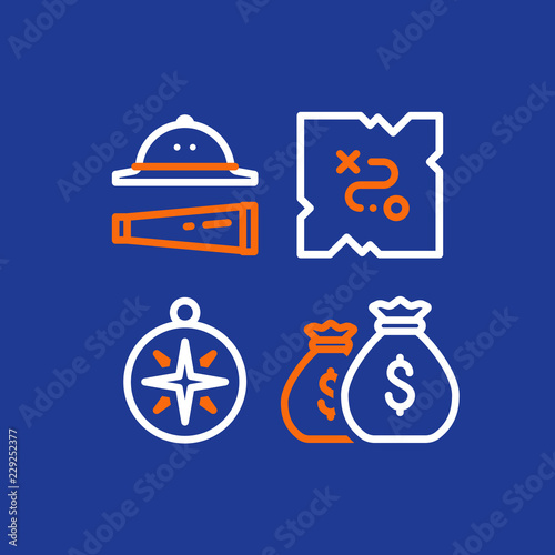 Treasure map, quest items, team action game, adventure concept, line icons