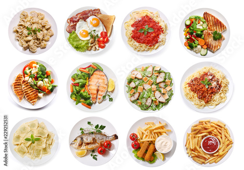 Fotografiet various plates of food isolated on white background, top view