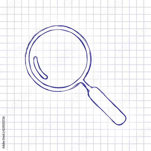 Loupe, search or magnifying. Linear icon, thin outline. Hand drawn picture on paper sheet. Blue ink, outline sketch style. Doodle on checkered background
