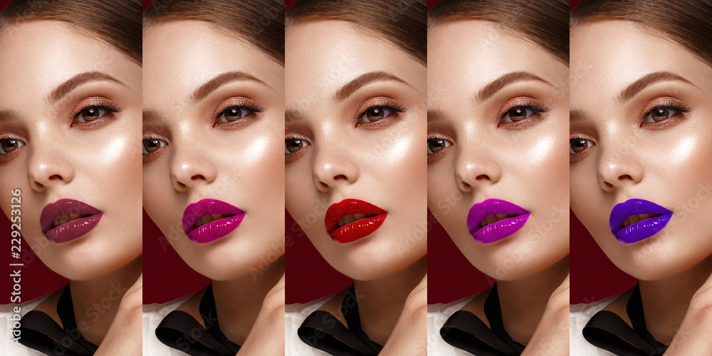 Collection of eyes and lips red and purple hues. The palette of lipsticks. Close-up.