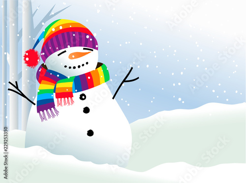 Christmas background with  snowman in rainbow scarf
