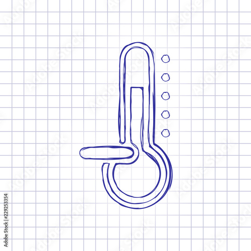 Thermometer, cold. subzero temperature. Hand drawn picture on paper sheet. Blue ink, outline sketch style. Doodle on checkered background