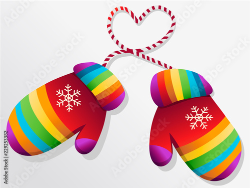 Christmas background with  warm rainbow winter gloves