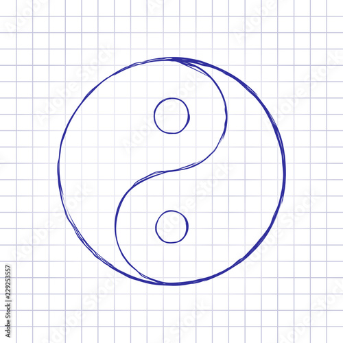 yin yan symbol. Hand drawn picture on paper sheet. Blue ink, outline sketch style. Doodle on checkered background