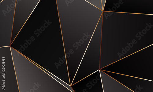 Black and grey Premium background with luxury polygonal pattern and gold triangle lines.