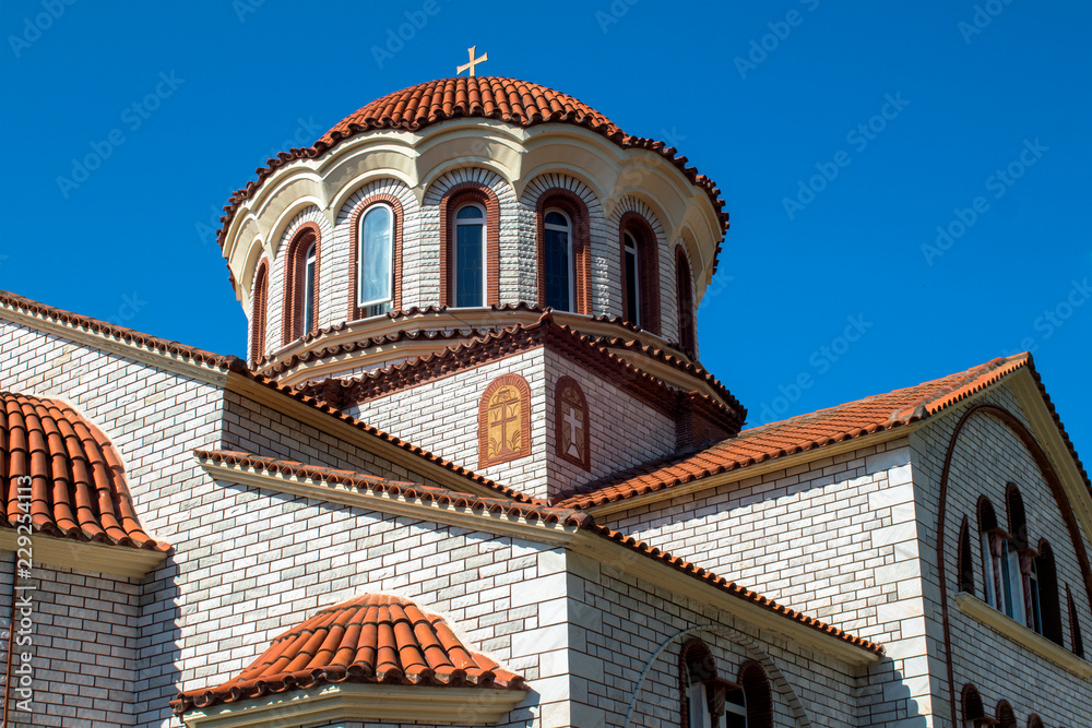 Elements of the Orthodox Church of St. George with a dome near Asprovalta, Greece.