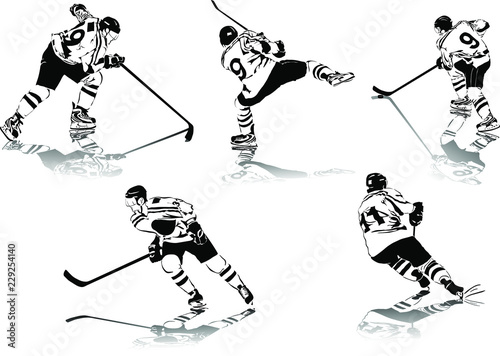 set of vector silhouettes ice hockey players
