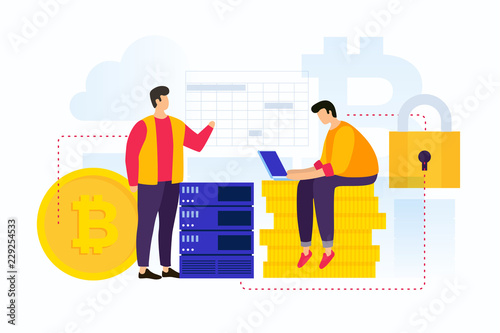 Concept of cryptocurrency production. Young people mining bitcoin and blockchain. Mining farm, server room. Vector flat illustration.