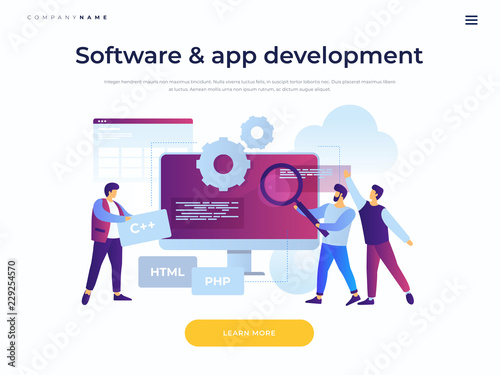 Landing page template. Concept of software development and applications. Team of young cartoon staff is working on programming site. Cooperation in web agency. Vector flat illustration.