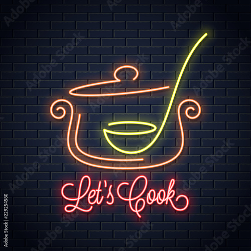 Pan with ladle neon sign. Kitchen spoon in a Saucepan pot neon banner