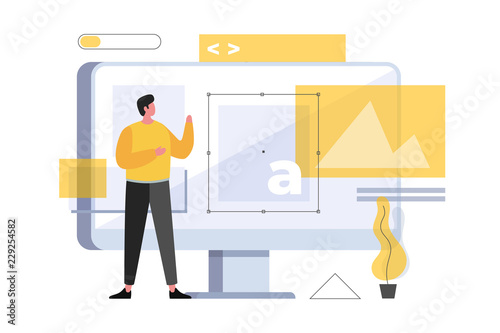 Web design concept and website development. A young cartoon man stands in front of a computer monitor. The process of creating web pages. Vector flat illustration.