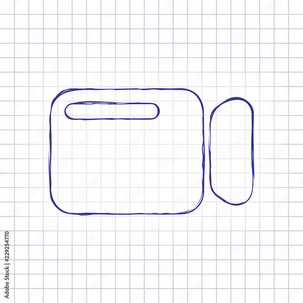 Simple video camera icon. Hand drawn picture on paper sheet. Blue ink, outline sketch style. Doodle on checkered background Simple video camera icon. Hand drawn picture on paper sheet. Blue ink, outline sketch style. Doodle on checkered background