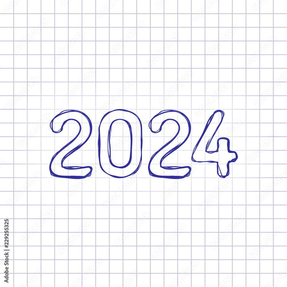 2024 number icon. Happy New Year. Hand drawn picture on paper sheet