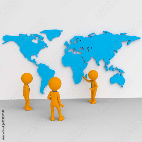 Three people and a world map