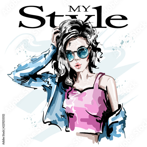 Hand drawn beautiful young woman in sunglasses. Stylish elegant girl in jeans jacket. Fashion woman portrait. Sketch.