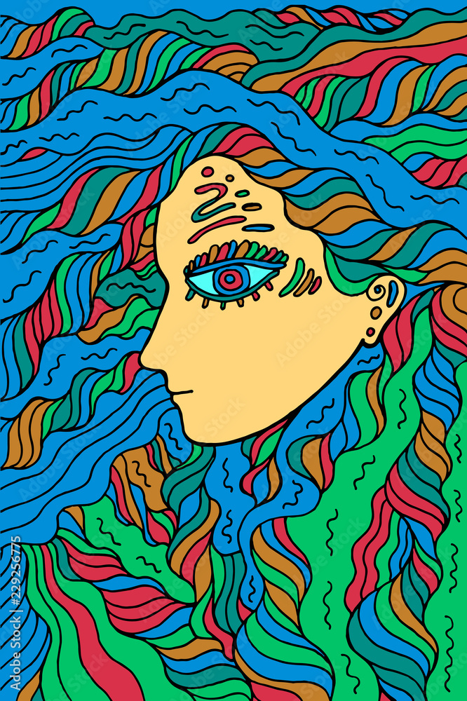 Fantastic shaman girl - doodle colorful graphic line art. Mystical surreal artwork. Vector illustration