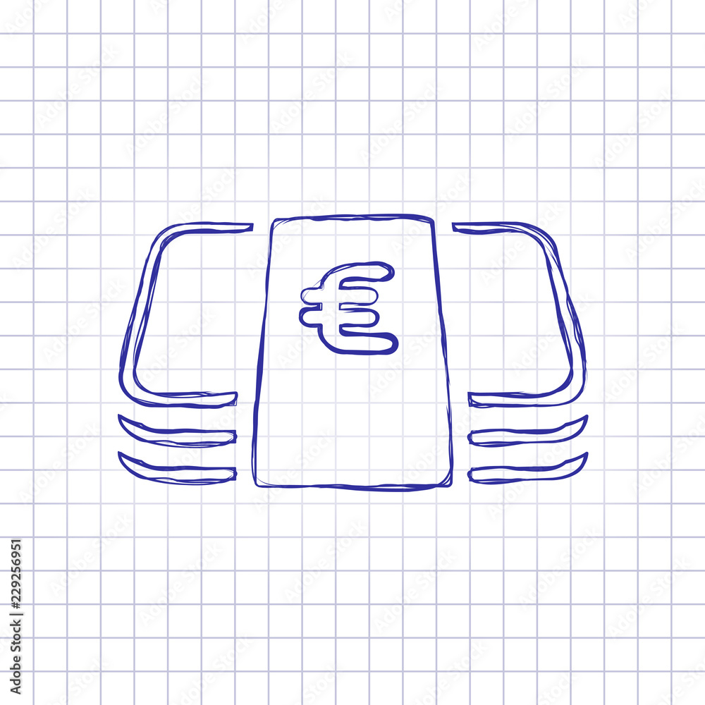 Pack of euro money or vouchers. Business icon. Hand drawn picture on paper sheet. Blue ink, outline sketch style. Doodle on checkered background Pack of euro money or vouchers. Business icon. Hand drawn picture on paper sheet. Blue ink, outline sketch style. Doodle on checkered background