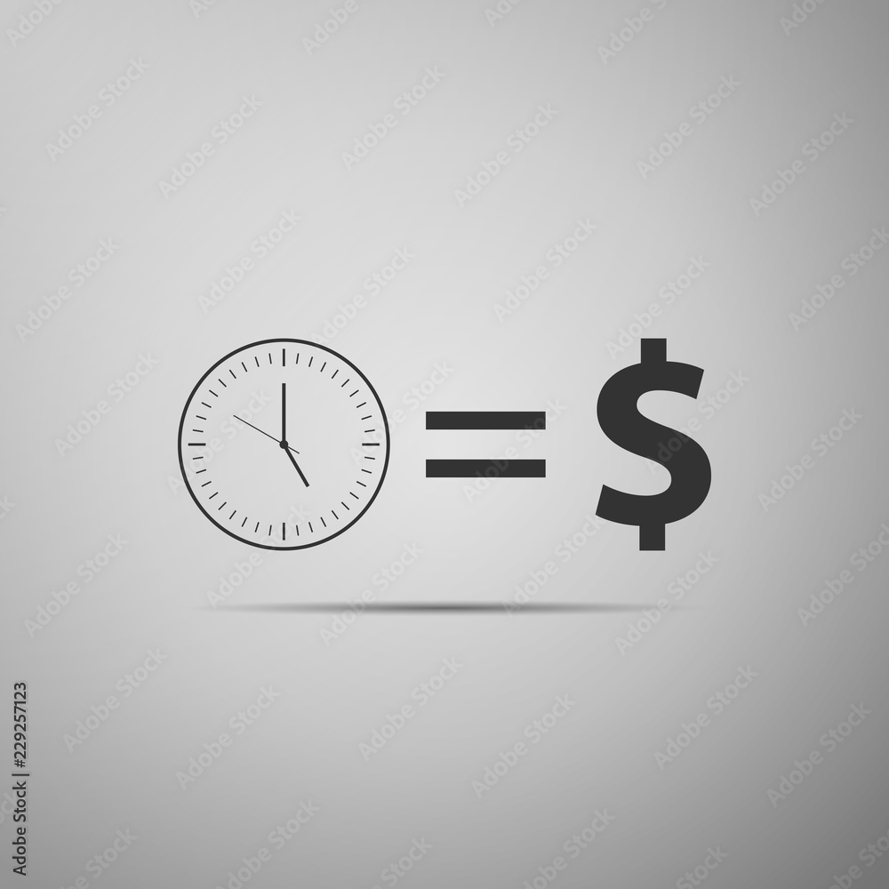 Time is money sign icon isolated on grey background. Money is time. Effective time management. Convert time to money. Flat design. Vector Illustration Time is money sign icon isolated on grey background. Money is time. Effective time management. Convert time to money. Flat design. Vector Illustration
