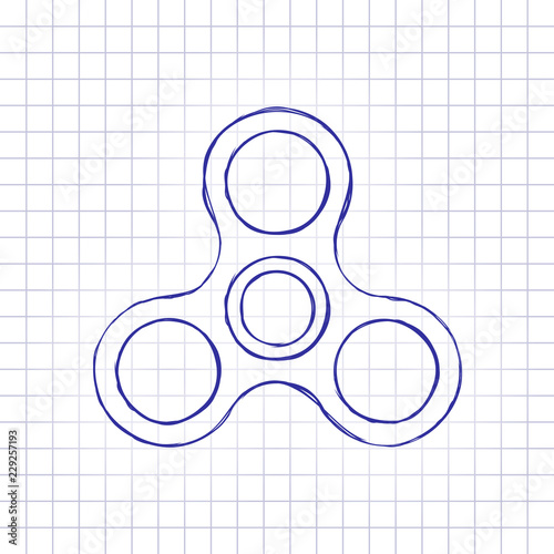 Spinner icon. Toy for stress relief. Hand drawn picture on paper sheet. Blue ink, outline sketch style. Doodle on checkered background