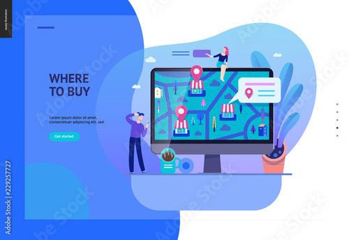 Business series, color 2 - where to buy - modern flat vector concept illustration of map, marked shops, computer screen Selling interaction and purchasing process Creative landing page design template