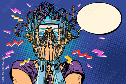 surprised cyborg woman in VR glasses