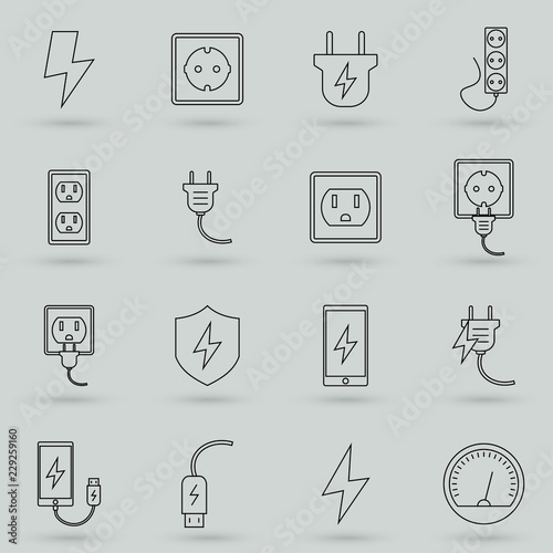Simple Set of Surge Protector Related Vector Line Icons. Contains such Icons as American/European Socket, USB Charge, Child Protection and more. Flat design