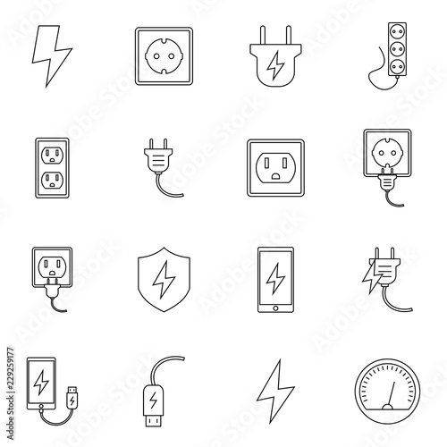 Simple Set of Surge Protector Related Vector Line Icons. Contains such Icons as American/European Socket, USB Charge, Child Protection and more. Flat design