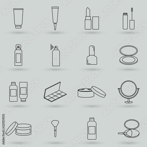 Simple Set of Cosmetics Related Vector Line Icons. Contains such Icons as Cream Bottle, Lipstick, Makeup Brush and more. Flat design