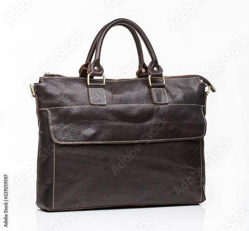 black leather men casual or business briefcase on white background