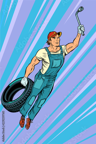 man mechanic tire. flying superhero help