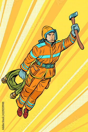 fireman, firefighter flying superhero help