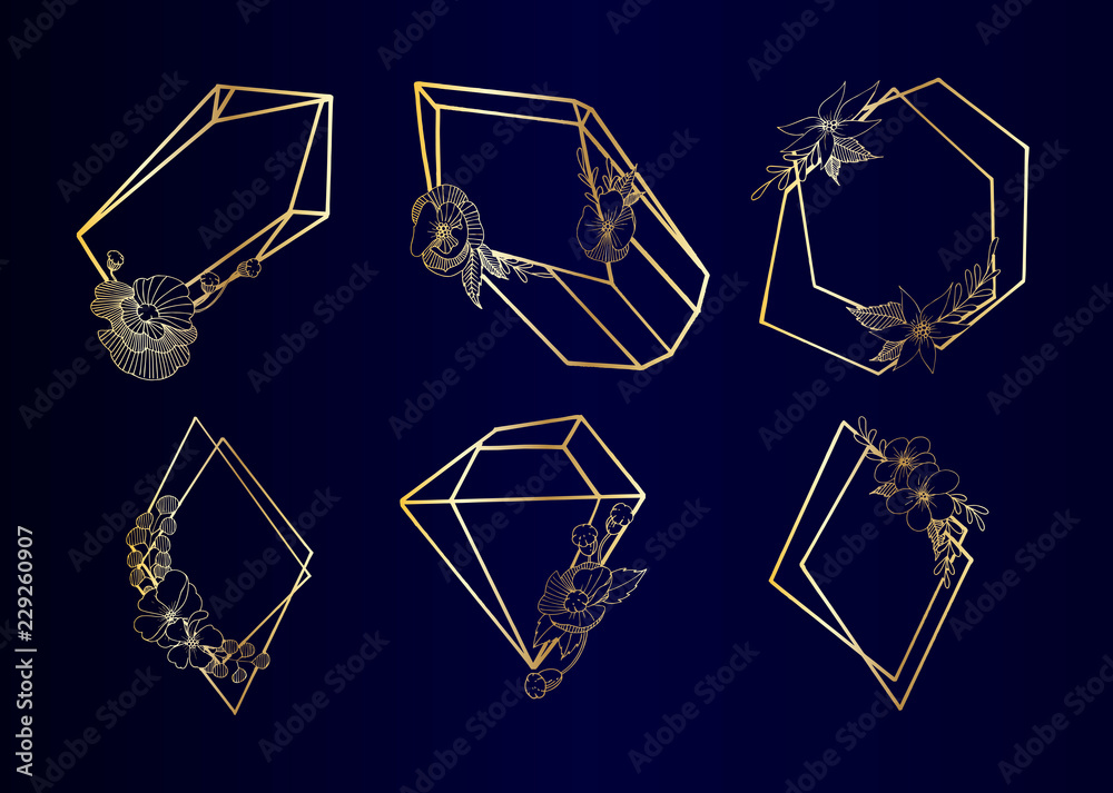Set of Luxury Golden Crystal Shapes in a vector style isolated. Isolated illustration element. Vector flower for background, texture, wrapper pattern, frame or border. Set of Luxury Golden Crystal Shapes in a vector style isolated. Isolated illustration element. Vector flower for background, texture, wrapper pattern, frame or border.