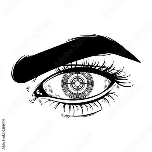 Vector hand drawn realistic illustration of human eye with compass instead pupil.  Surreal tattoo artwork. Template for card, poster, banner, print for t-shirt, textiles.
