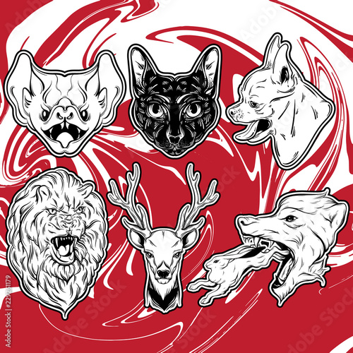 Vector collection of hand drawn realistic illustration of animals. Fashion patche badges. Template for card, poster, banner, print for t-shirt, logotype, pins, textiles.