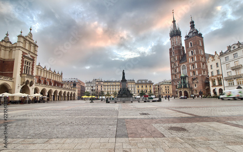 Cloth Hall and St Mary s Church at Main Market Square in Cracow Poland