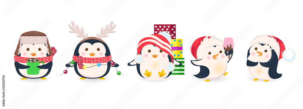 Cute penguins set. Xmas cartoon vector illustration. Christmas penguin characters Cute penguins set. Xmas cartoon vector illustration. Christmas penguin characters