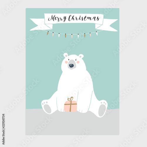 Cute Merry Christmas greeting card, invitation with polar bear holding gift box. Ribbon banner with Christmas lights chain decoration. Hand drawn kids nordic design. Vector illustration background.