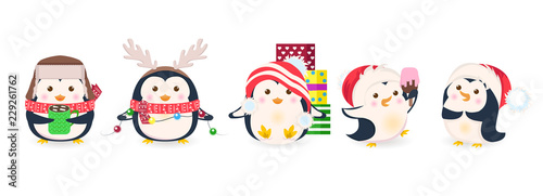 Cute penguins set. Xmas cartoon vector illustration. Christmas penguin characters
