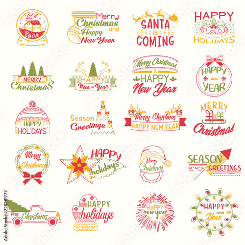 Merry Christmas. Xmas holiday lettering design. Happy New Year. Typography set. Vector logo  emblems. Usable for banners  greeting cards  gifts etc.