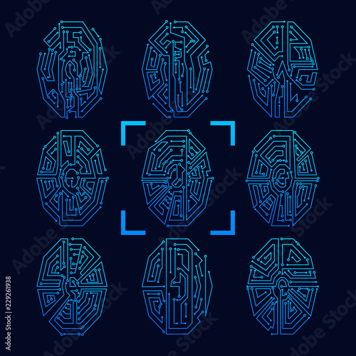 Set of different vector outline fingerprint identity person touch ID in chip style.